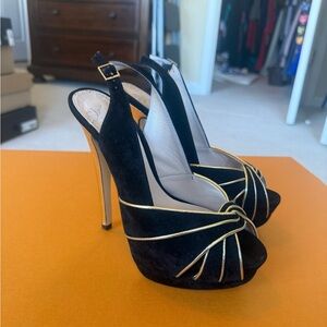 Colin Stuart Black Suede Slingback Platform Heels with Gold Piping